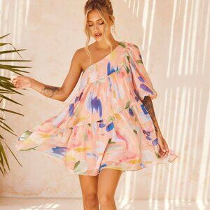 Adorable & Flirty One-Sleeve Puffy Mini Dress - Size S